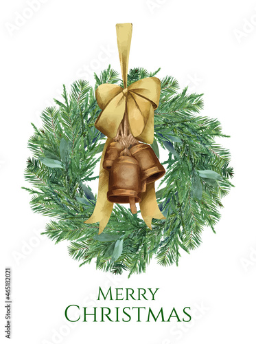 Green spruce christmas wreath with bells on the ribbon