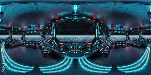 Fototapeta Naklejka Na Ścianę i Meble -  HDRI panoramic view of dark blue spaceship interior with windows. High resolution 360 degrees panorama reflection mapping of a futuristic spacecraft 3D rendering