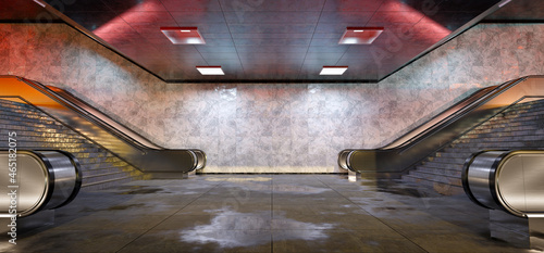 Fototapeta Naklejka Na Ścianę i Meble -  Realistic underground subway station Background with wet floors. Futuristic metro interior with lights and escalators. 3D Rendering