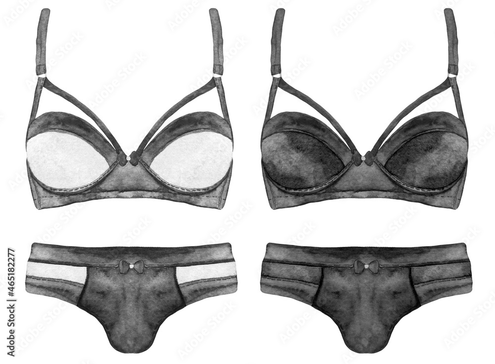Watercolor set of black and white woman lingerie lace underwear illustration. Bridal shower party lingerie set clipart Watercolor set of black and white woman lingerie lace underwear illustration. Bridal shower party lingerie set clipart