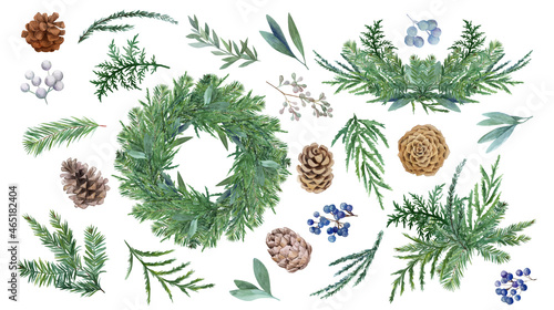 Set of spruce decorative elements with cones and berries