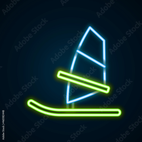 Glowing neon line Windsurfing icon isolated on black background. Colorful outline concept. Vector
