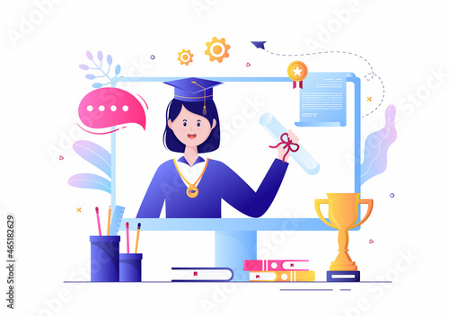 Graduation Certificate Document Icon with License badge, Diploma. Hat and Medal. Online Education for Website or Poster Background Vector Illustration