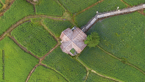 Aerial View Above Old Cottage Rural Village Rice Fields photo