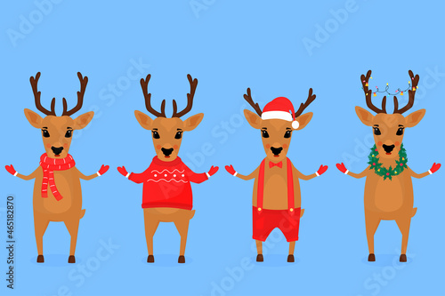 Funny Christmas reindeer in a Santa Claus hat, in a scarf, with a garland, in shorts on suspenders, in a sweater