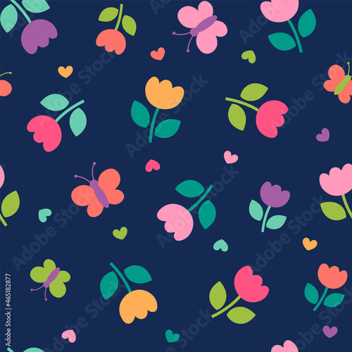 Seamless of cute simple tulip and butterfly vector pattern.