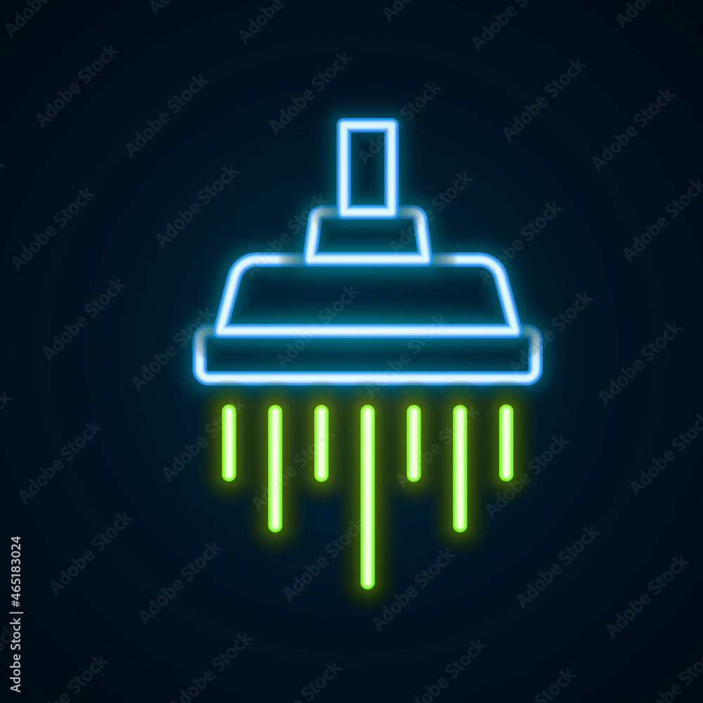 Glowing neon line Shower head with water drops flowing icon isolated on black background. Colorful outline concept. Vector Glowing neon line Shower head with water drops flowing icon isolated on black background. Colorful outline concept. Vector