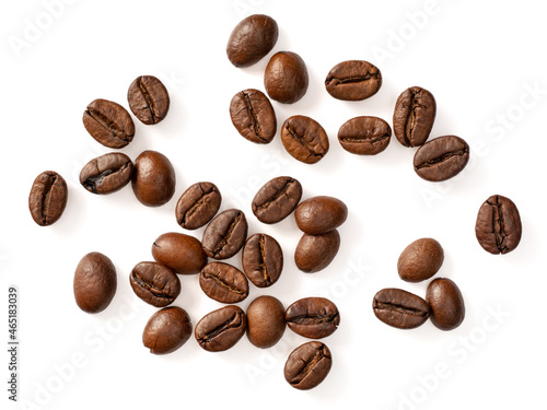 roasted coffee beans isolated on white background, top view