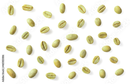 Dried green coffee beans isolated on white background, top view
