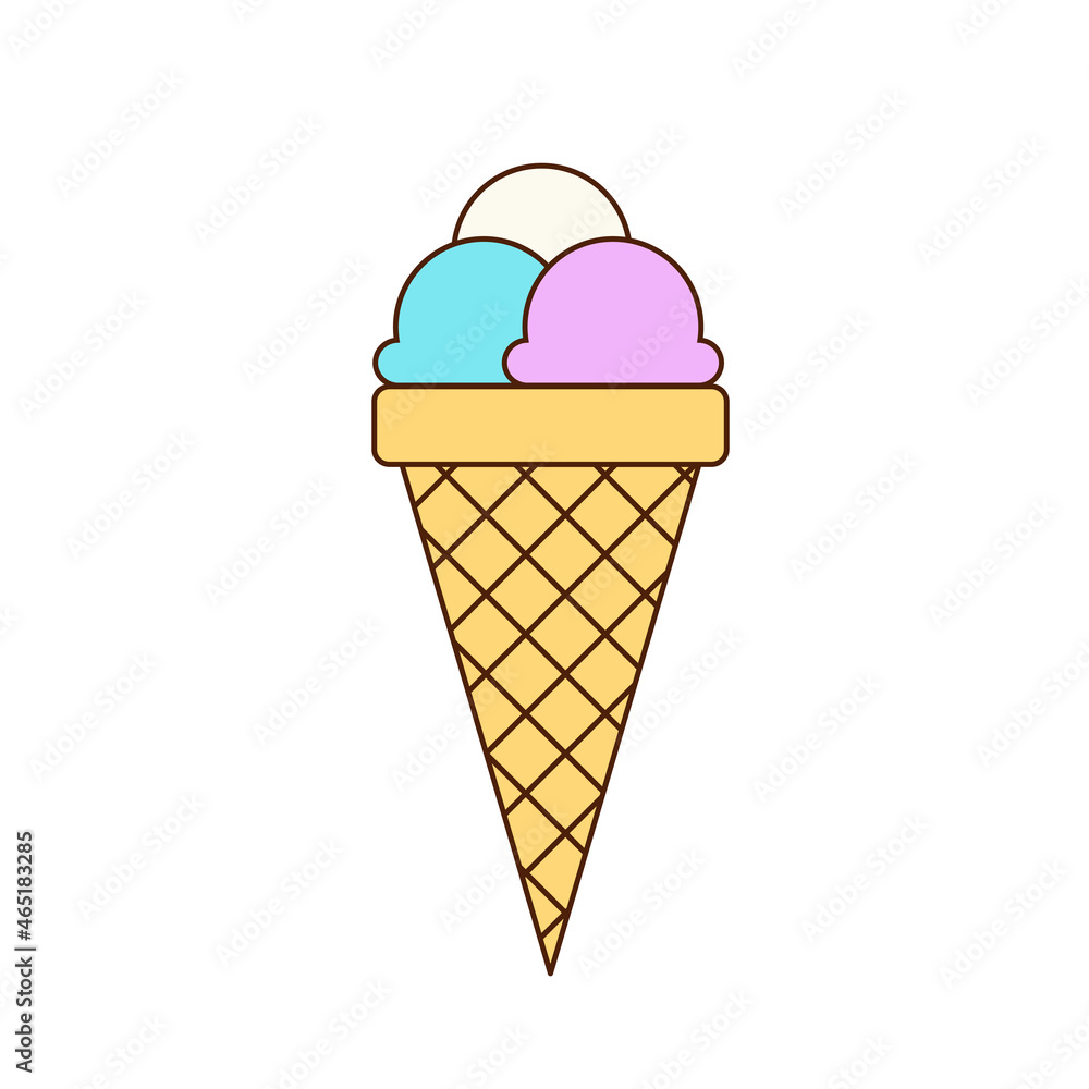Multi-colored ice cream balls in a cone isolated on a white background