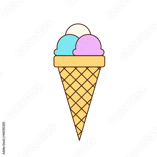 Multi-colored ice cream balls in a cone isolated on a white background