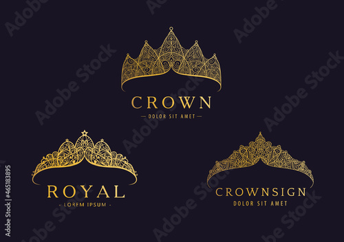 Vector set of abstract luxury, royal golden company logo icon design. Elegant crown, tiara, diadem premium symbol. Hand drawn lace jewelry, arabic, restaurant, hotel logotype.