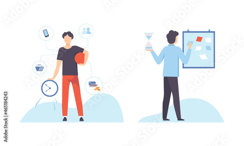 Time Management and Task Planning with Young Man with Clock Organizing His Timeline Vector Set