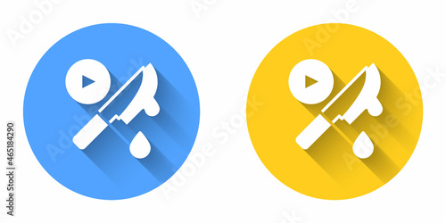 White Thriller movie icon isolated with long shadow background. Bloody knife. Suspenseful cinema genre, survival horror. Shocking films with gore and violence. Circle button. Vector