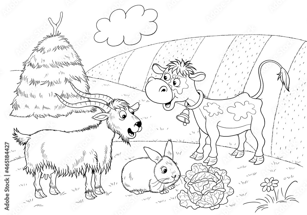 Funny farm. Cute farm animals. Coloring book. Illustration for children