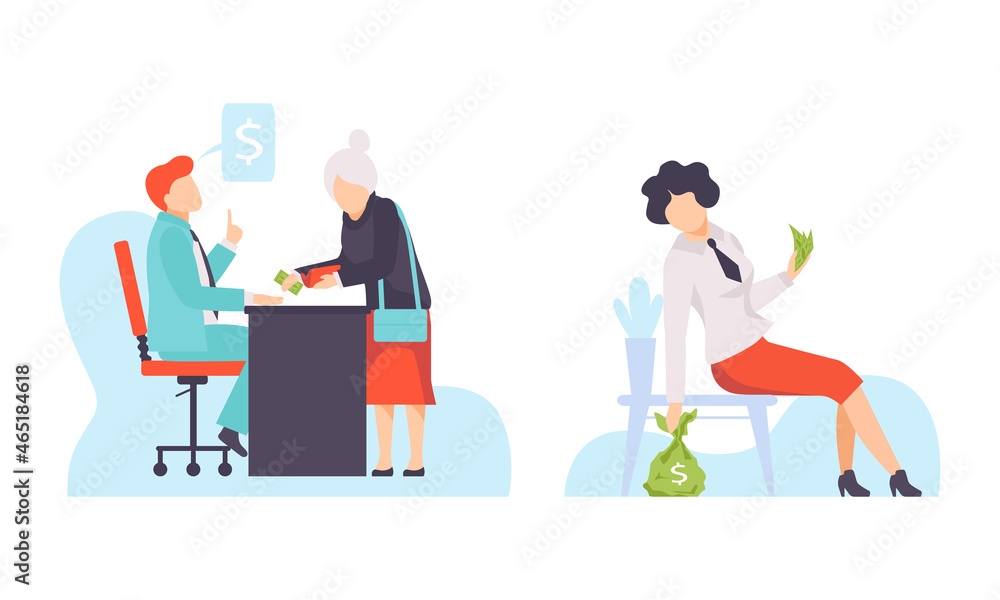 Entrusted People Character Engaged in Corruption Gaining Dishonest Money Vector Set Entrusted People Character Engaged in Corruption Gaining Dishonest Money Vector Set