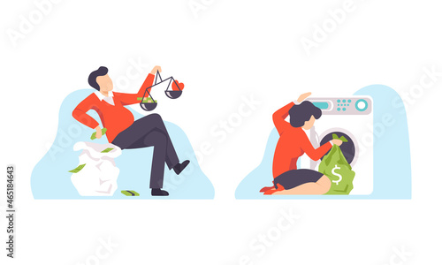 Entrusted People Character Engaged in Corruption Gaining Dishonest Money Hiding Them in Washing Machine Vector Set