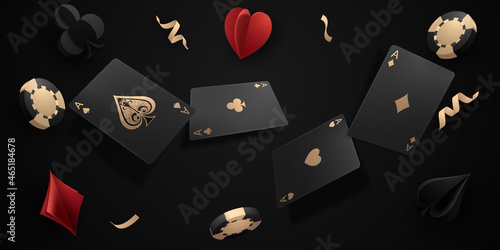 Playing card. Winning poker hand casino chips flying realistic tokens for gambling, cash for roulette or poker,