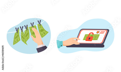 Human Hands Taking Dishonest Money from Hanging Rope and Through Network Vector Set