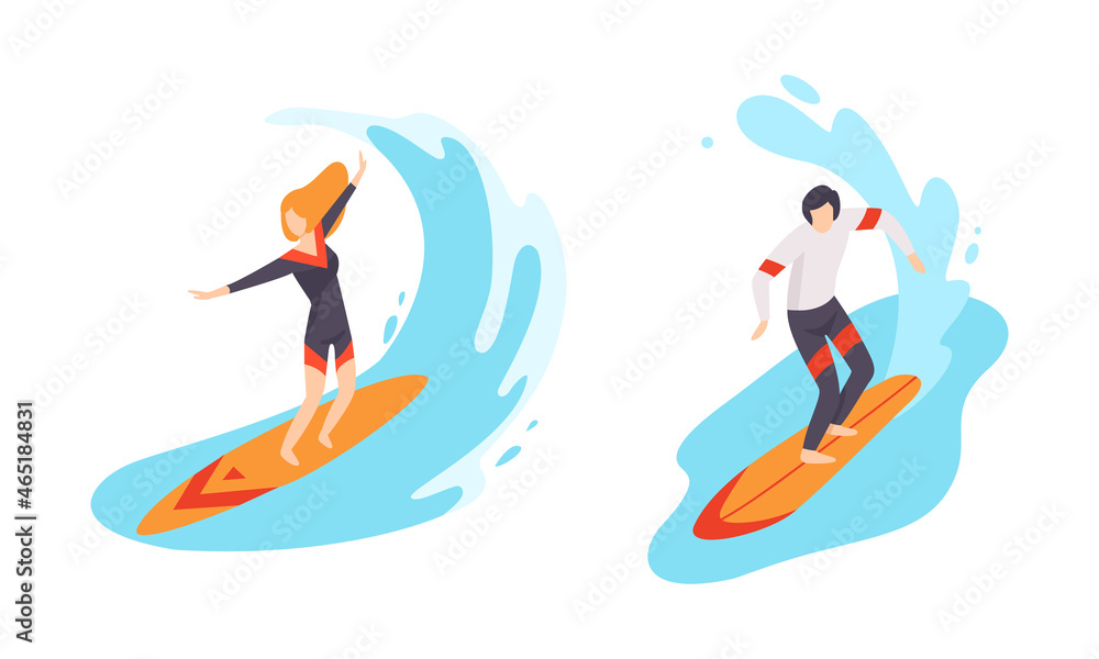 Man and Woman Character Engaged in Extreme Sport Surfboarding Vector Set