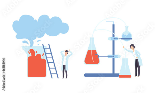 Man and Woman Research Scientist in Laboratory Coat Conducting Experiment with Chemical in Flask Vector Set