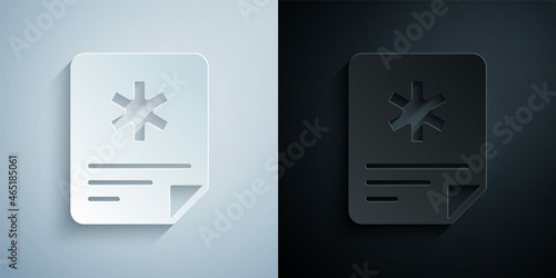 Paper cut Medical clipboard with clinical record icon isolated on grey and black background. Prescription, medical check marks report. Paper art style. Vector