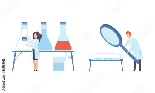 Man and Woman Research Scientist in Laboratory Coat Conducting Experiment with Chemical in Flask and Magnifying Glass Vector Set