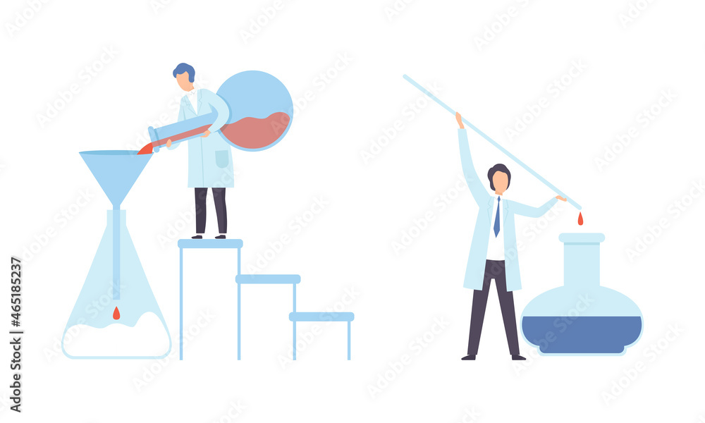 Man Research Scientist in Laboratory Coat Conducting Experiment with Chemical in Flask Vector Set Man Research Scientist in Laboratory Coat Conducting Experiment with Chemical in Flask Vector Set