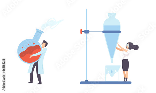 Man and Woman Research Scientist in Laboratory Coat Conducting Experiment with Chemical in Flask Vector Set