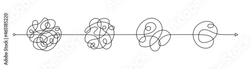 Chaos simplifying from start to end. Difficult way to solve problems in business. Chaos path. Hand drawn doodle vector illustration isolated. Editable stroke.
