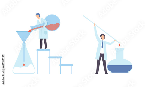 Man Research Scientist in Laboratory Coat Conducting Experiment with Chemical in Flask Vector Set
