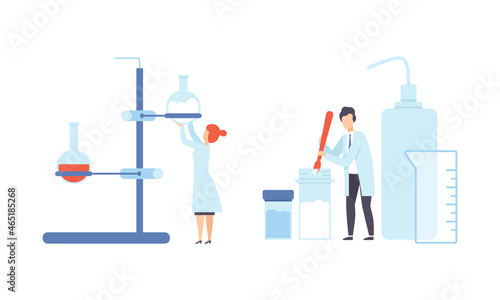 Man and Woman Research Scientist in Laboratory Coat Conducting Experiment with Chemical in Flask Vector Set