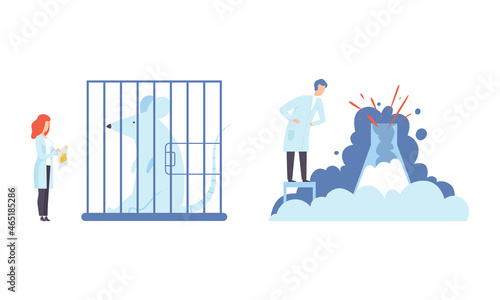 Man and Woman Research Scientist in Laboratory Coat Conducting Experiment with Chemical in Flask and Rat in Cage Vector Set