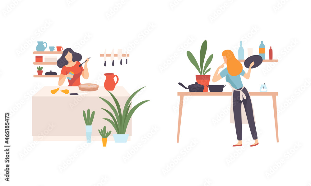 Young Woman in Kitchen Cooking Meal and Preparing Food at Home Vector Set Young Woman in Kitchen Cooking Meal and Preparing Food at Home Vector Set
