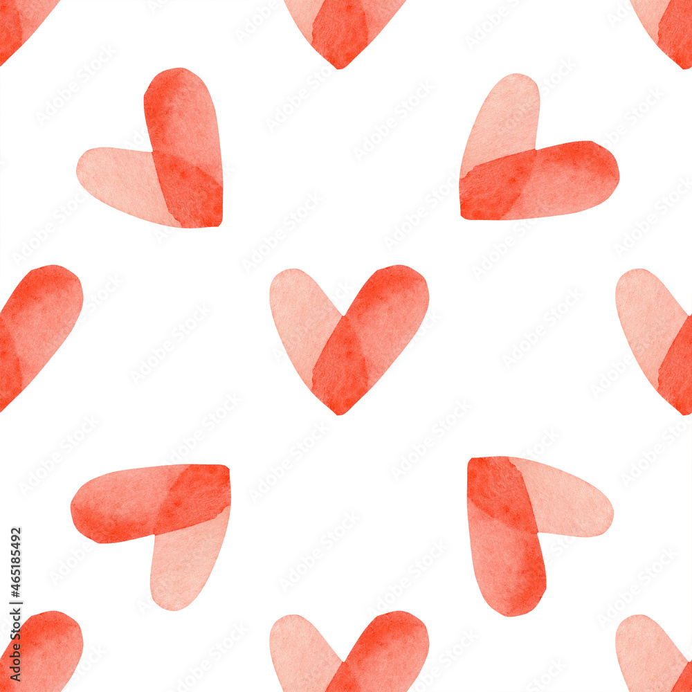 Seamless pattern with red bright hand painted watercolor hearts. Romantic decorative background perfect for Valentine's day gift paper, wedding decor or fabric textile
