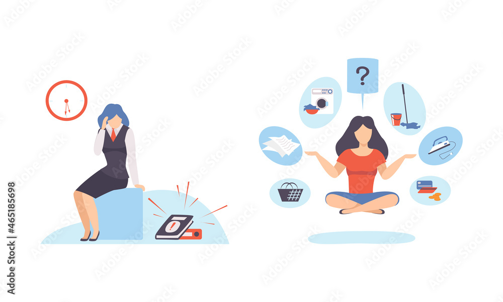 Woman with Clock Dial Feeling Headache Failing Handling Deadline and Timeline and Meditating Vector Set