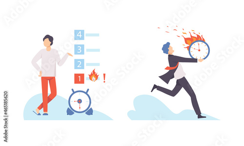 Man with Burning Clock Dial Failing Handling Deadline and Timeline Vector Set