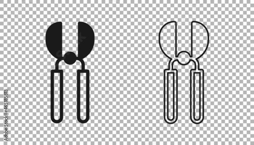 Black Gardening handmade scissors for trimming icon isolated on transparent background. Pruning shears with wooden handles. Vector