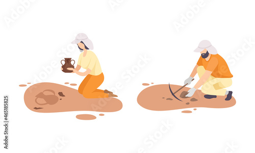 Man and Woman Archaeologist with Pickaxe Searching for Material Remains Vector Set