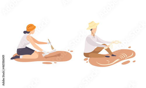 Man and Woman Archaeologist with Brush Searching for Material Remains Vector Set