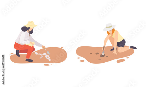 Woman Archaeologist with Brush Searching for Material Remains Vector Set