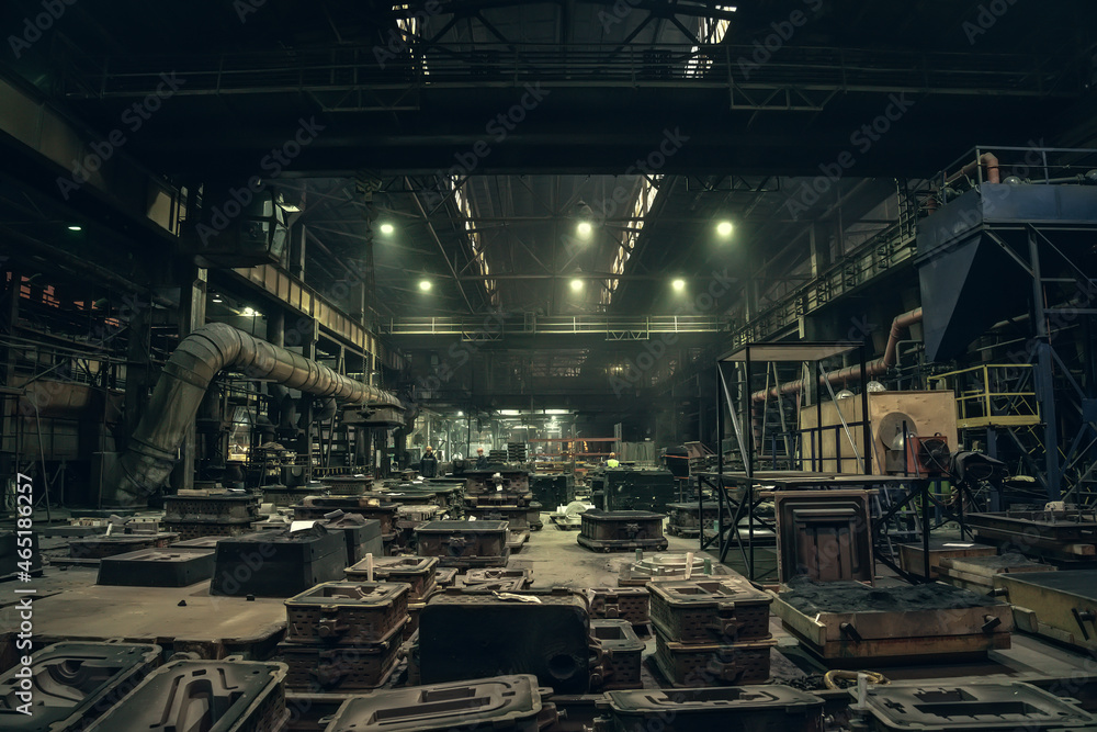 Metallurgical plant big dark workshop inside. Industrial steel production. Interior of Steel mill factory. Heavy industry foundry.