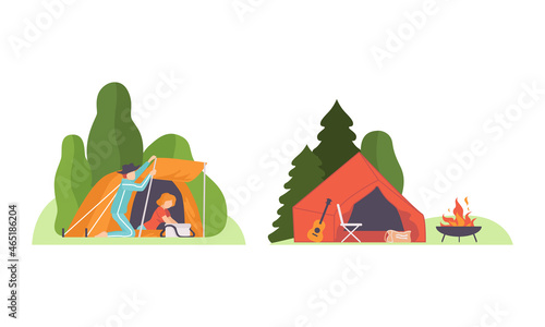 Man and Woman Putting Up Tent and Burning Campfire Engaged in Outdoor Camping Activity Vector Set