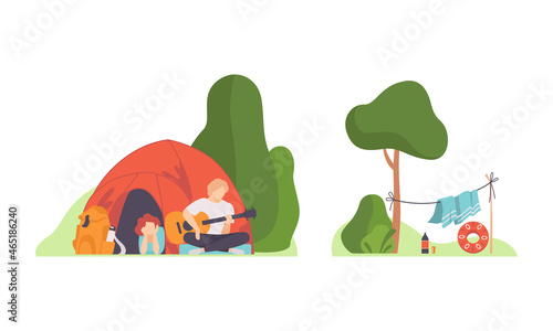 Man and Woman in Tent Playing Guitar Engaged in Outdoor Camping Activity Vector Set