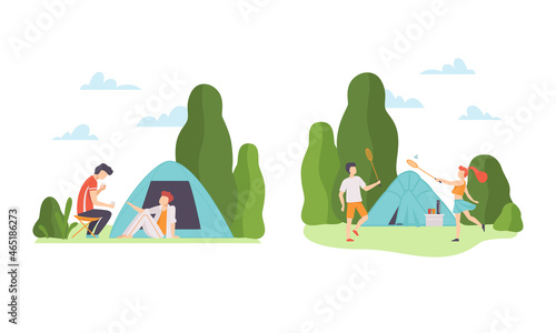 Man and Woman on Lawn with Tent Playing Badminton Engaged in Outdoor Camping Activity Vector Set