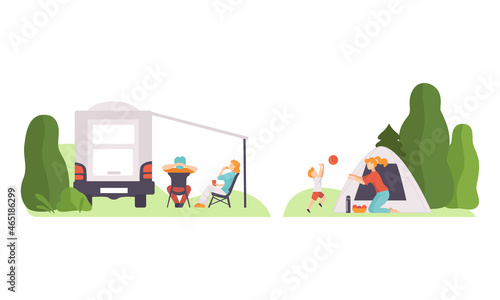 Man and Woman in Tent and Trailer Vehicle Sitting and Playing with Kid Enjoying Outdoor Camping Activity Vector Set