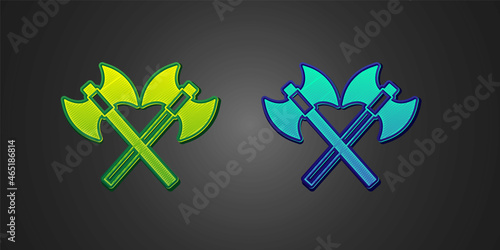 Green and blue Crossed medieval axes icon isolated on black background. Battle axe, executioner axe. Medieval weapon. Vector