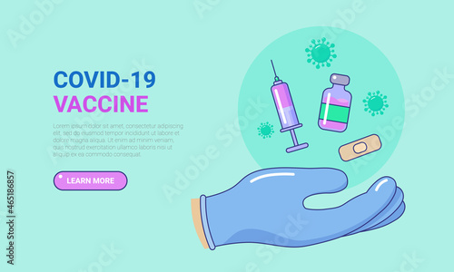 Covid-19 viral protection vaccine web page template design. Stop Coronavirus pandemic immunization campaign. Disease prevention, vaccination, healthcare landing page, banner vector illustration