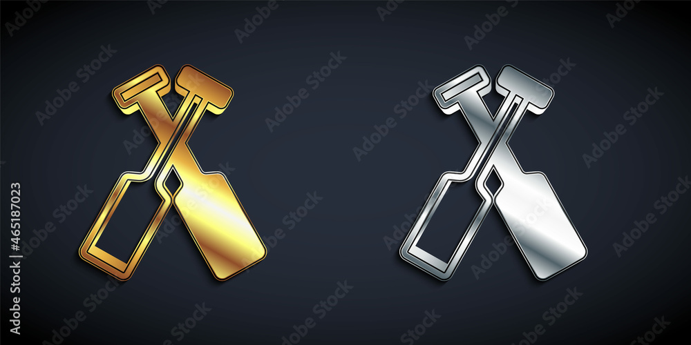 Gold and silver Crossed oars or paddles boat icon isolated on black background. Long shadow style. Vector Gold and silver Crossed oars or paddles boat icon isolated on black background. Long shadow style. Vector