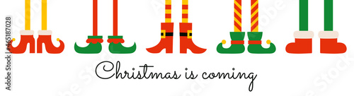 Christmas is coming banner poster horizonal template. Shoes and boots for elves feet. Elf gnome dwarf. Santa Claus helpers. Cute cartoon Christmas holiday elf feet and legs. Greeting card design